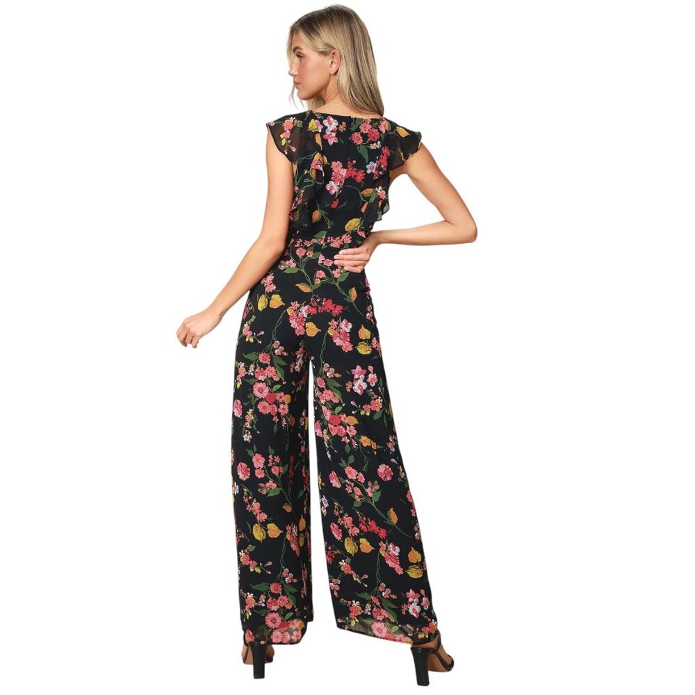 Lulus Blooming Love Black Floral Print Jumpsuit Ruffled Chiffon Women's Size S - Picture 2 of 11